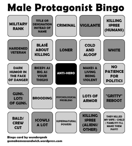 A grey-scale bingo card filled with different traits for male protagonists in media. Some traits include "Makes a living being violent," "Cold and aloof," "Brooding," "Psychological problems," and "White."
