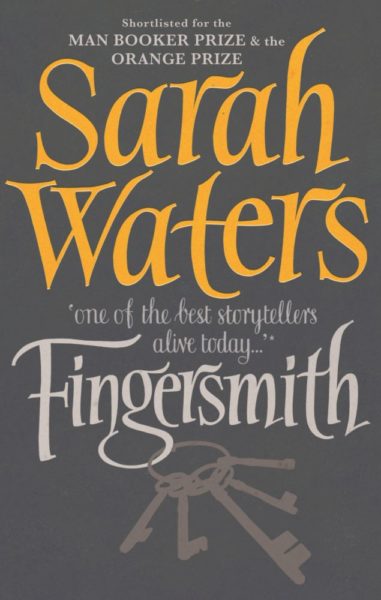 Across a matte brown background, cursive orange text reads "Sarah Waters" followed by "Fingersmith" in a white version of the same font. Hanging off the "g" in the title is the outline of a Victorian set of keys.